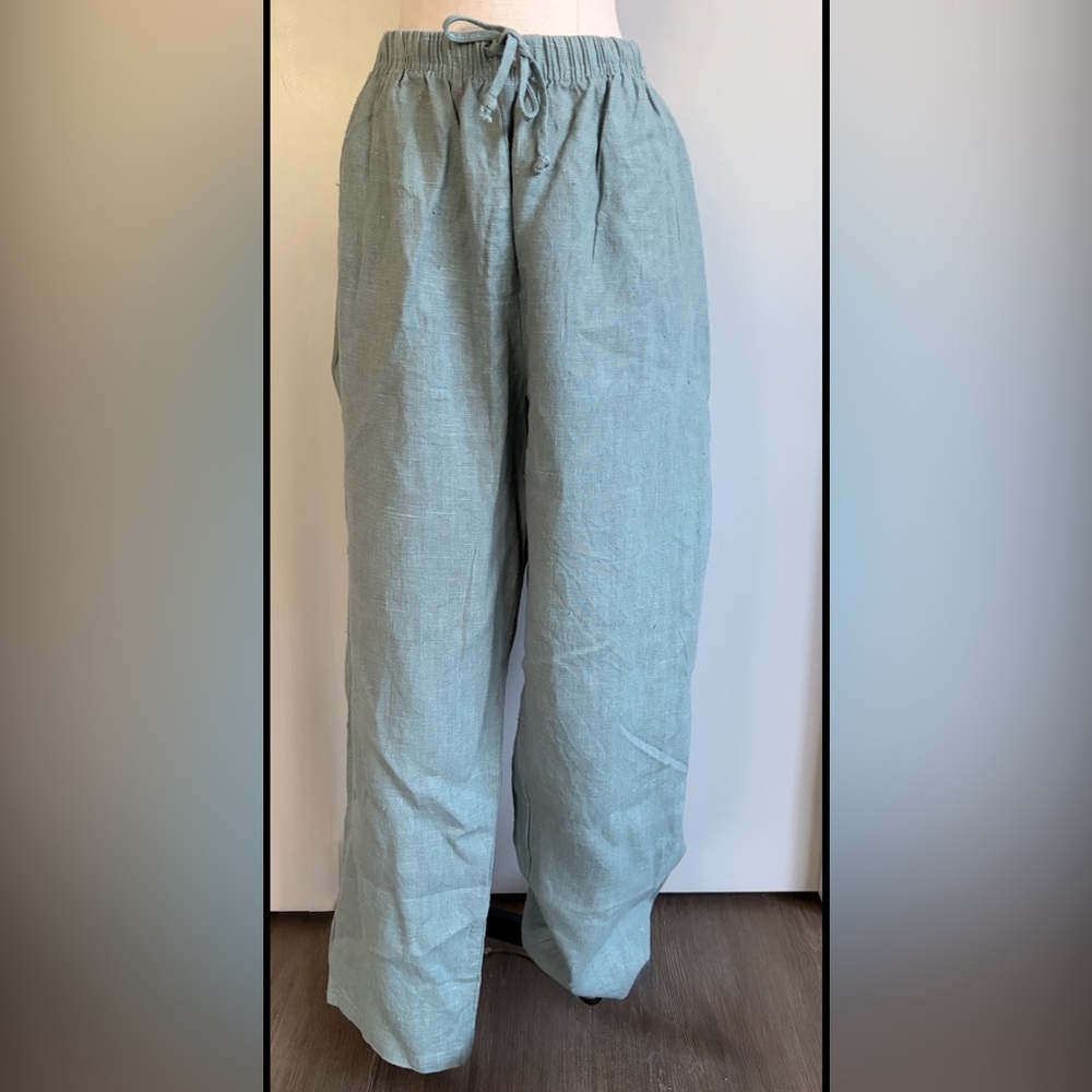 Vintage 90s 100% Linen Drawstring Pants Sage Green XL